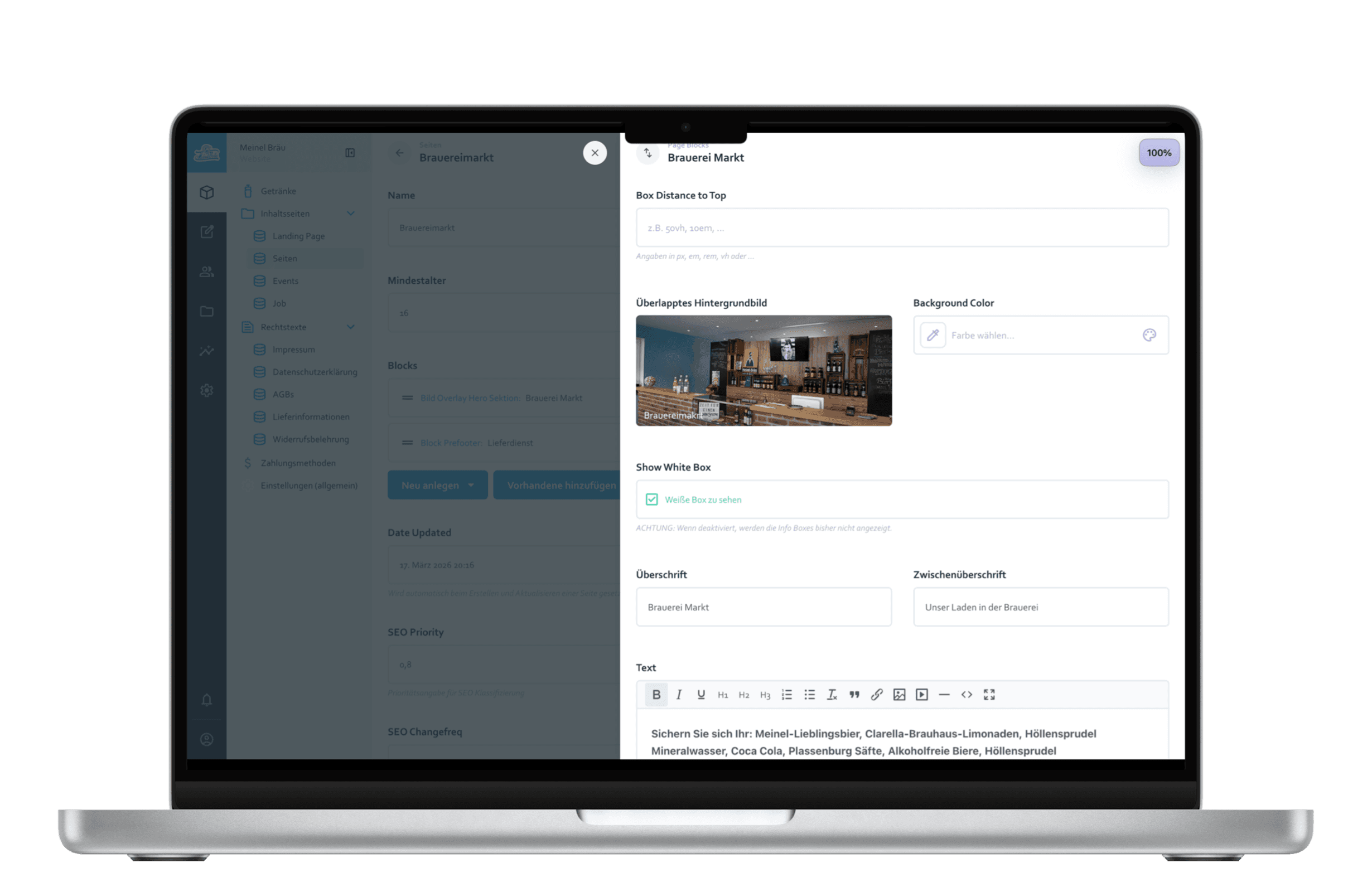 Screenshot aus Directus CMS eines Kundenprojekts.